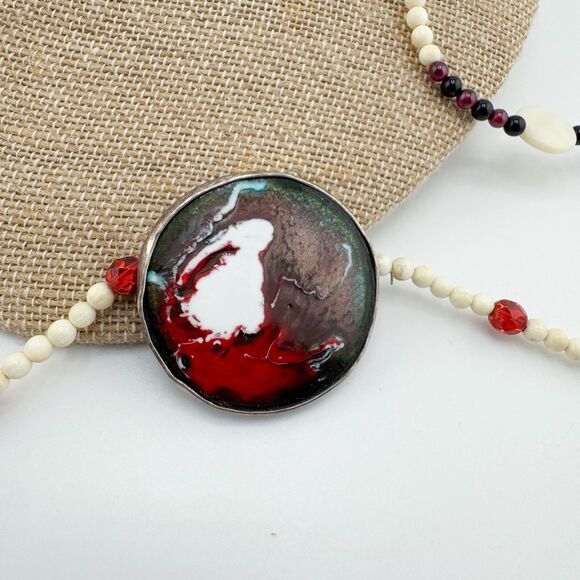 Vintage Handmade Enamel Sterling Silver Artisan Mother of Pearl Bead Necklace - Picture 4 of 14